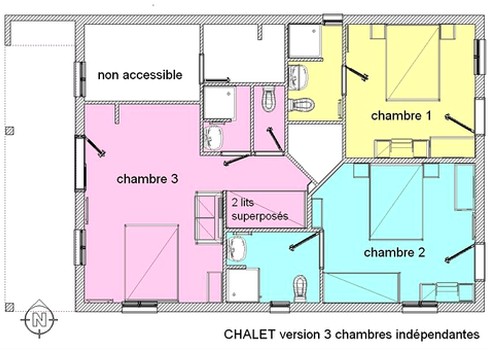 Plan d'un chalet avec ses 3 chambres.